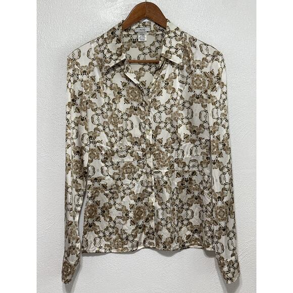 VTG 90s Y2K Cache Silk Button Blouse M Cream Brown Corpcore Girl Boss City Chic - Picture 1 of 13